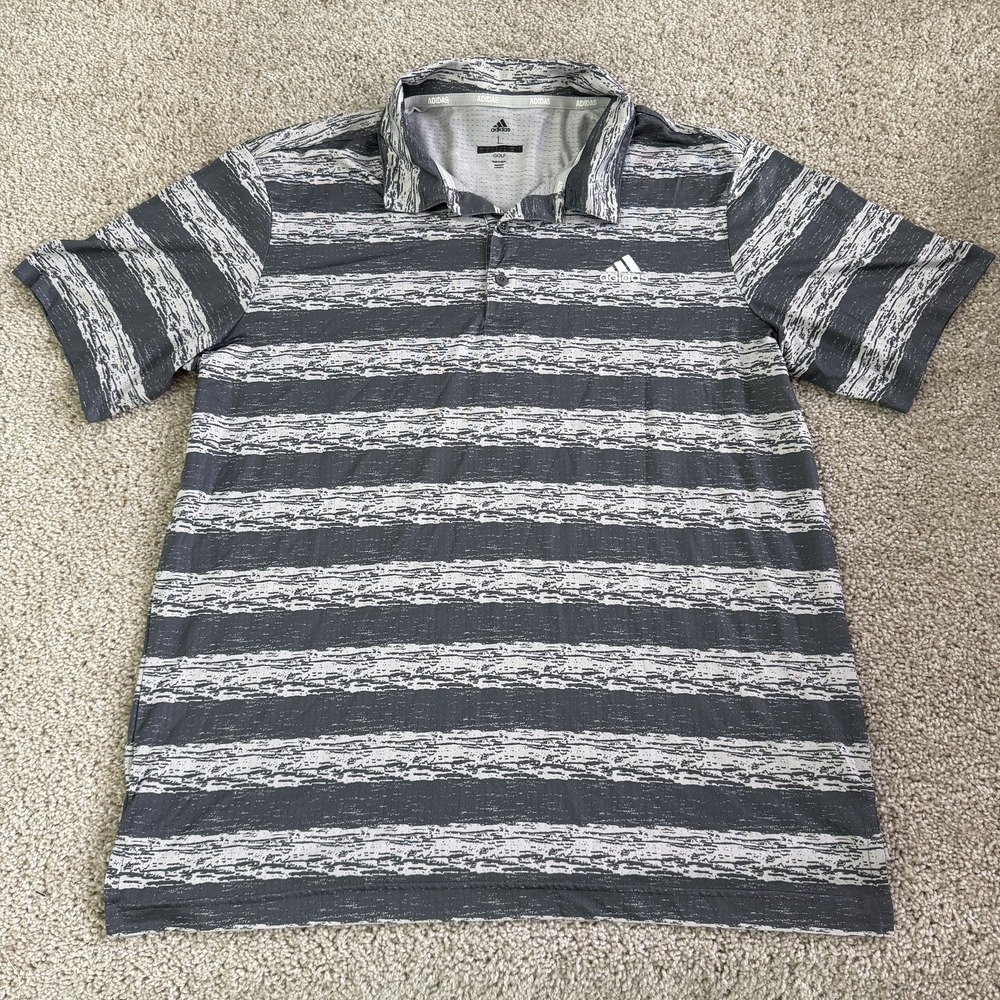 Adidas Golf Polo Shirt Mens L Gray Stripe Polyester Short Sleeve Activewear Top